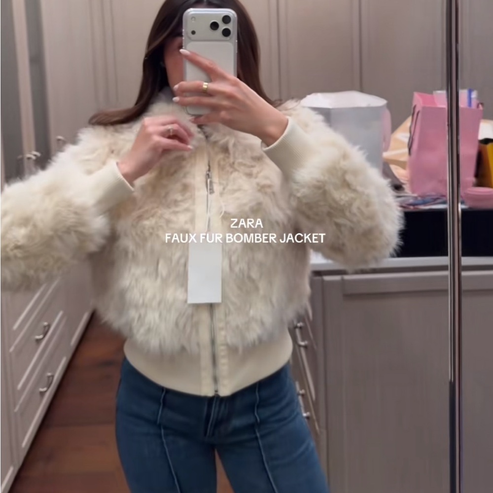 Zara Faux Fur Bomber NWT Jacket Ecru 3046/028/712 Cream XS mob wife old money - Picture 15 of 17